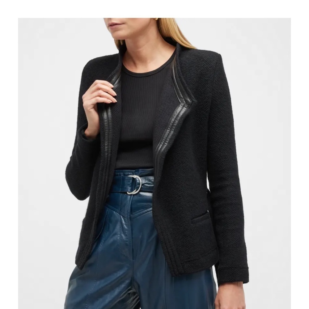 Iro Teby Black leather trim jacket belted open textured size 36 small cardigan